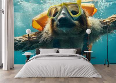 Underwater diving sloth swims in ocean with life jacket and goggles.  Wall mural